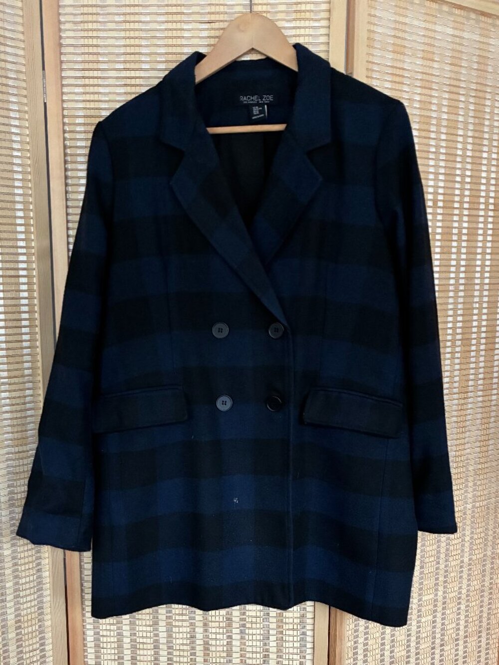 Rachel Zoe Black and Navy Buffalo Check Boxy Double-Breasted Coat Sz XL